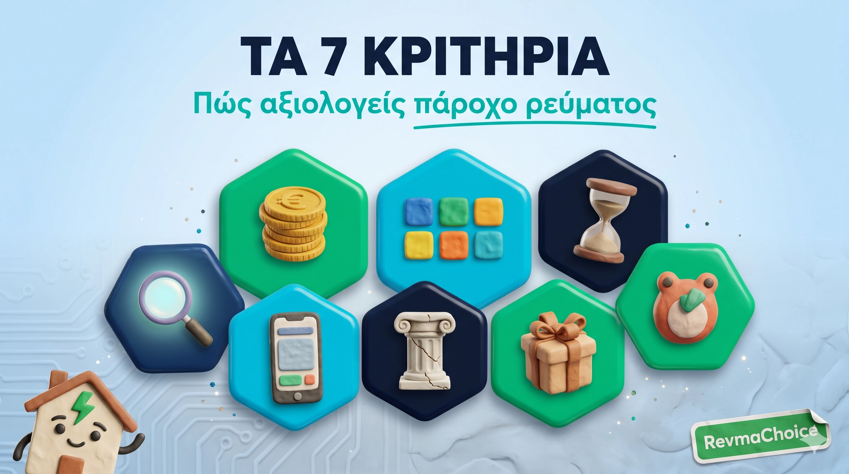 Διάγραμμα 7 κριτηρίων αξιολόγησης παρόχου ρεύματος: τιμή, τύπος τιμολογίου, διάρκεια, διαφάνεια, εξυπηρέτηση, σταθερότητα, παροχές