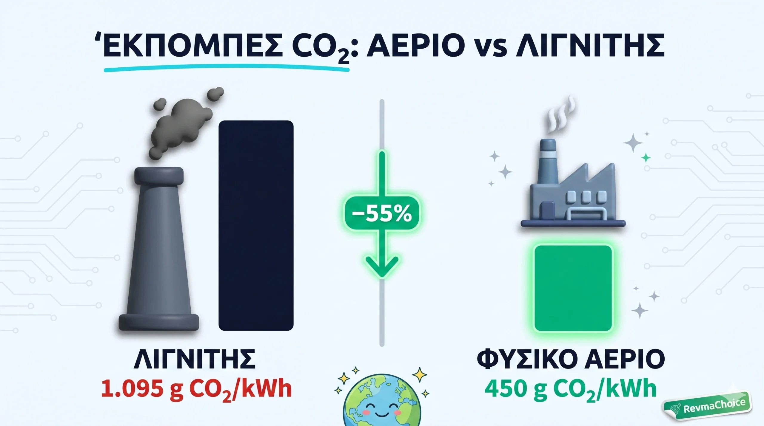 Σύγκριση εκπομπών CO2 φυσικού αερίου και λιγνίτη — μονάδες CCGT 400-500 g έναντι 1.095 g ανά κιλοβατώρα