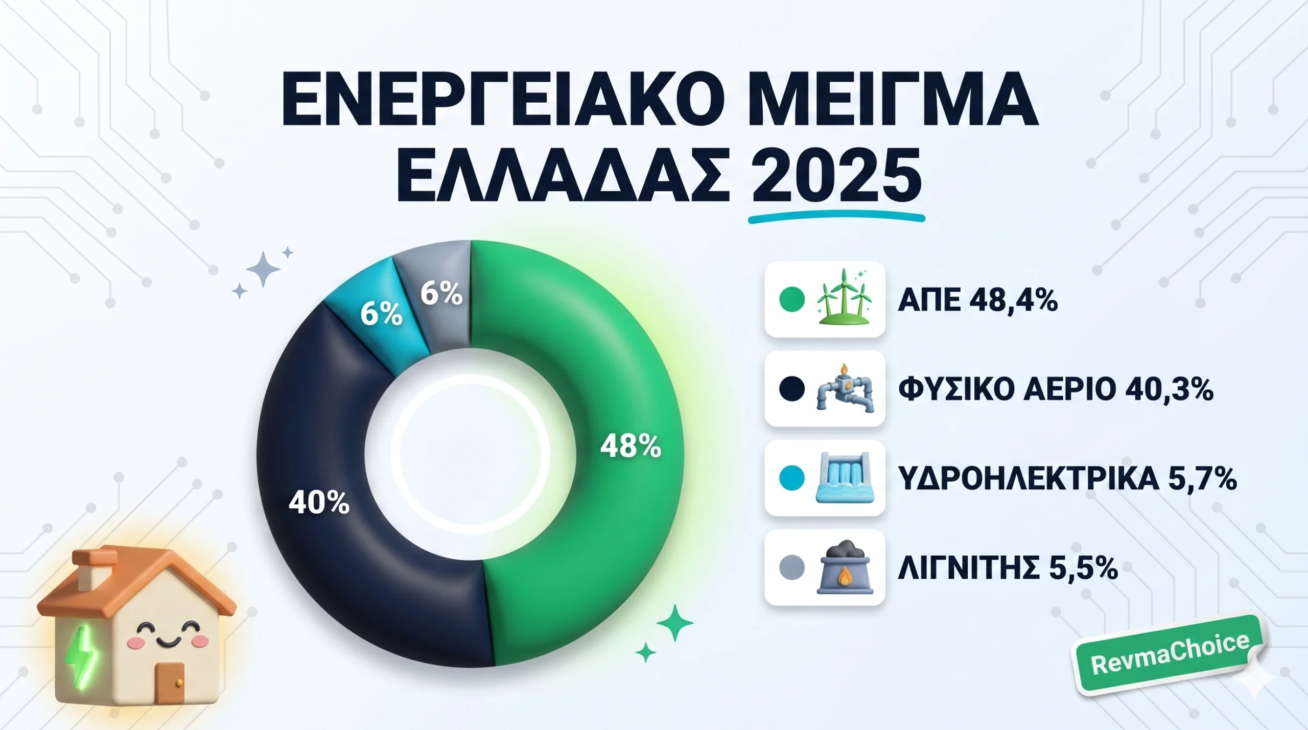 Ενεργειακό μείγμα Ελλάδας πρώτο εξάμηνο 2025 — 48% ΑΠΕ, 40,3% φυσικό αέριο, 5,7% υδροηλεκτρικά, 5,5% λιγνίτης