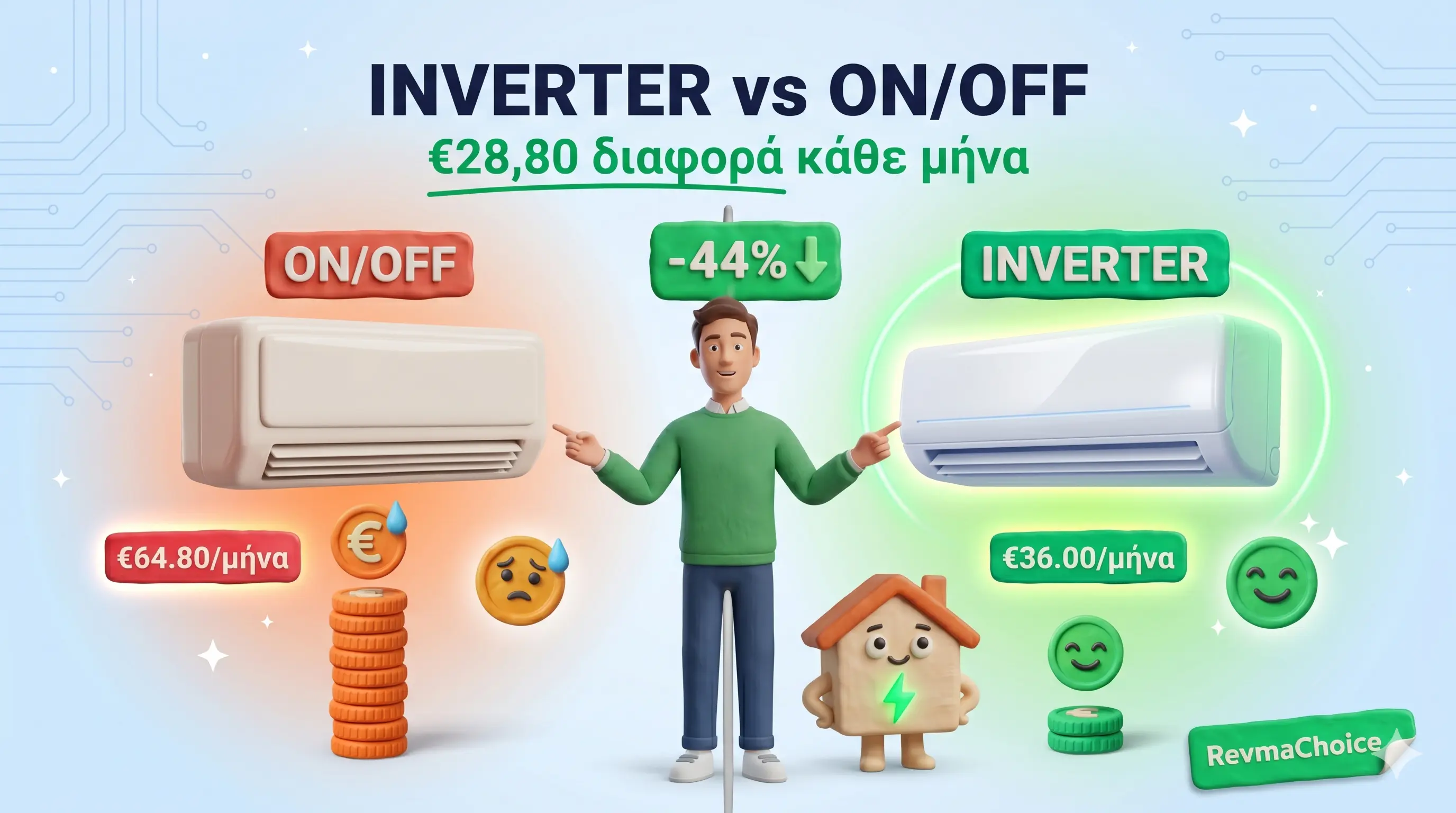 Πόσο ρεύμα καίει το κλιματιστικό inverter vs on-off — σύγκριση μηνιαίου κόστους και 48% εξοικονόμηση
