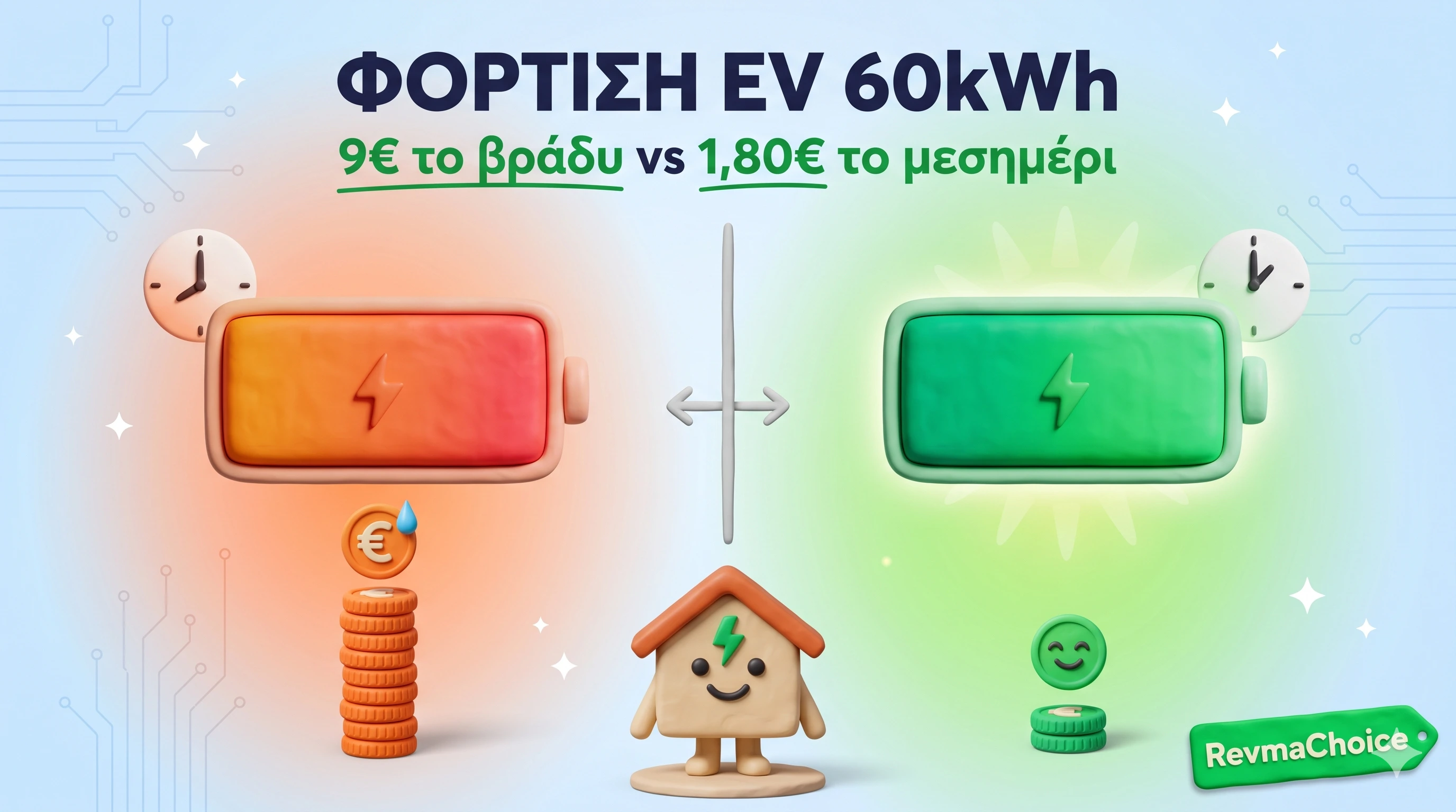 Σύγκριση κόστους φόρτισης ηλεκτρικού αυτοκινήτου 60kWh — πορτοκαλί τιμολόγιο μεσημέρι vs σταθερό βράδυ