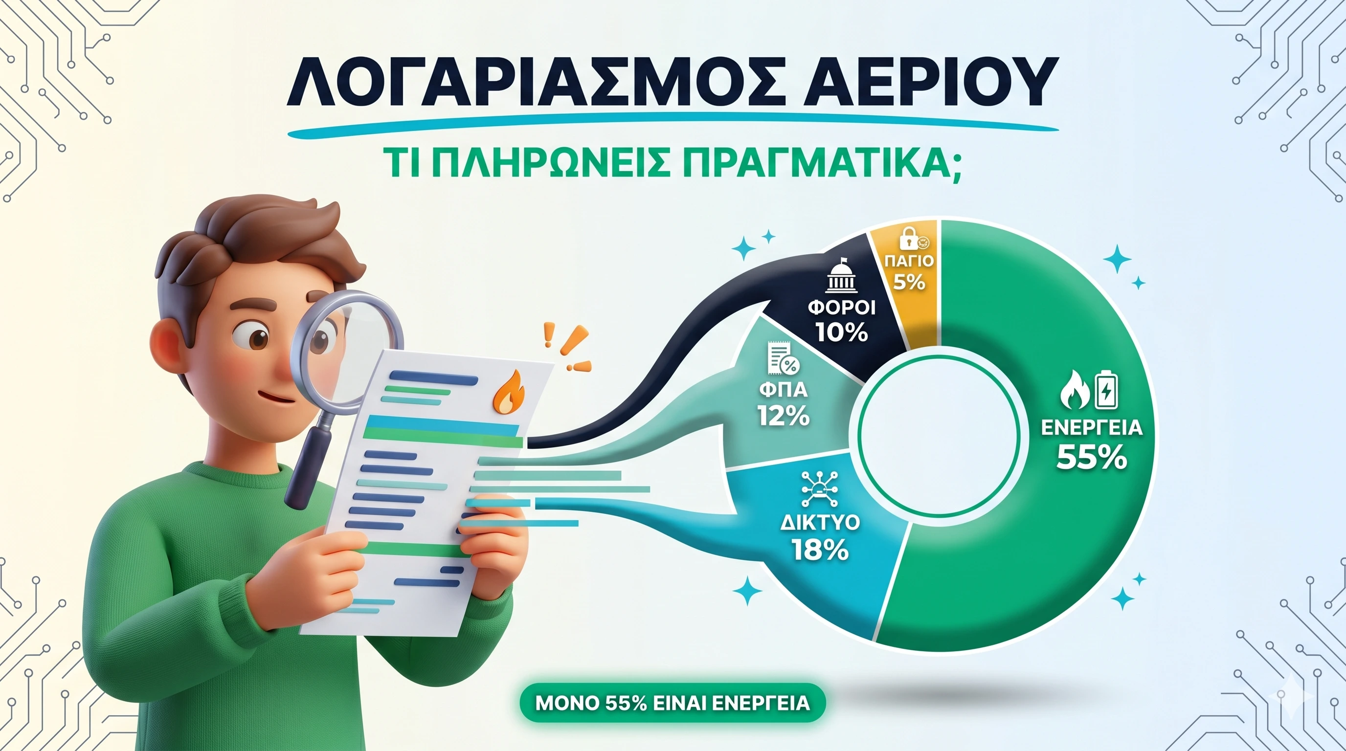 Ανάλυση λογαριασμού φυσικού αερίου 2026 — ενέργεια, ρυθμιζόμενες χρεώσεις, φόροι, ΦΠΑ