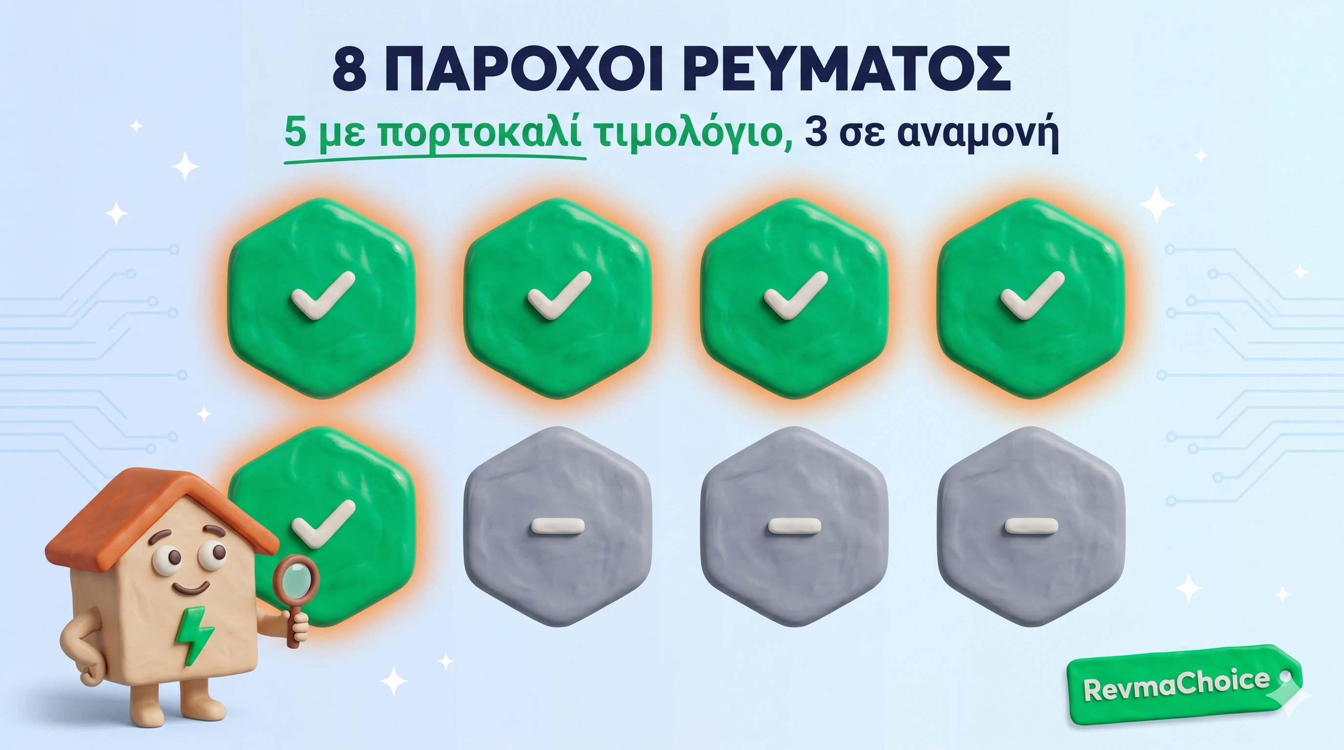 8 πάροχοι ρεύματος Ελλάδα 2026 — 5 με πορτοκαλί δυναμικό τιμολόγιο, 3 χωρίς οικιακό