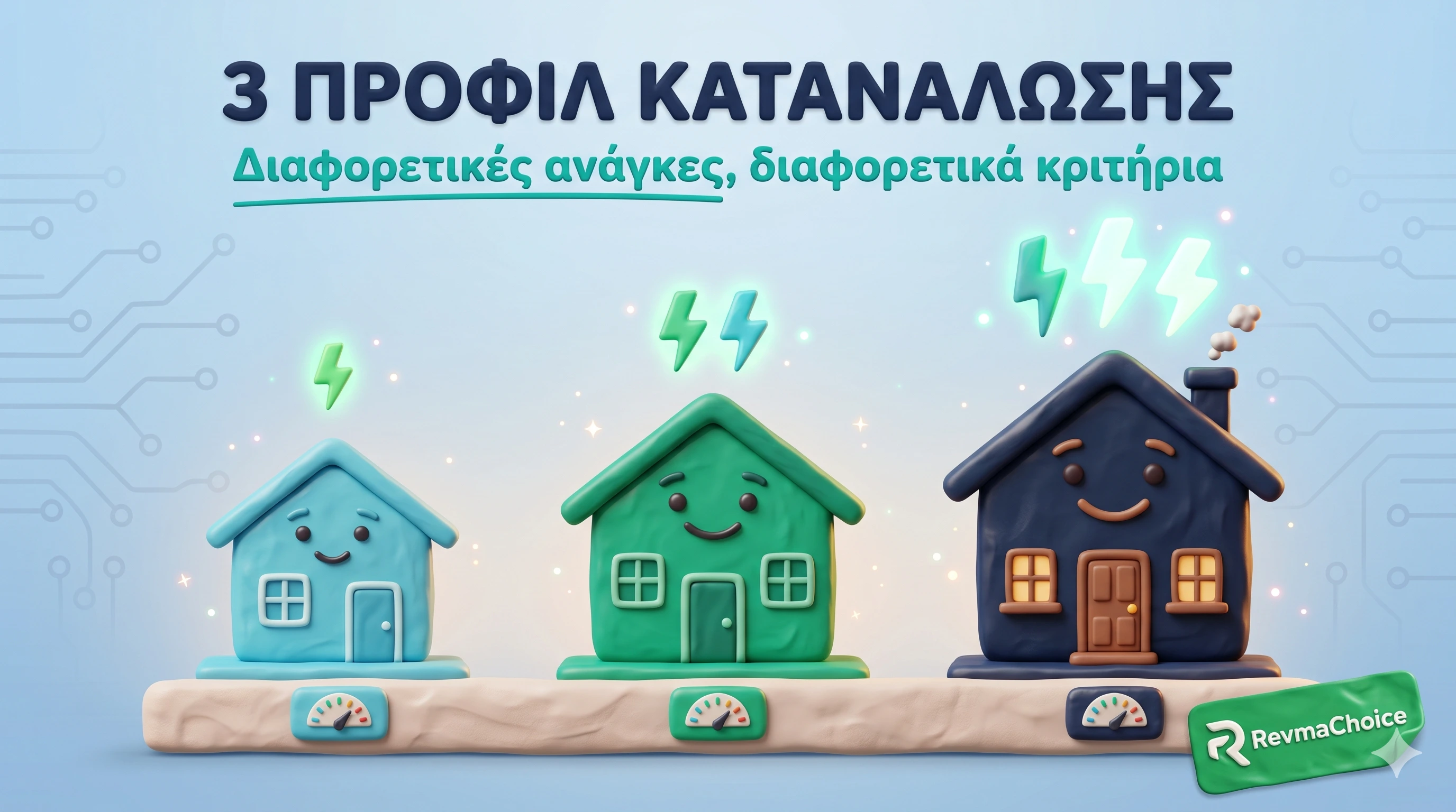 Τρία προφίλ κατανάλωσης ρεύματος: μικρή 250 kWh, μεσαία 400 kWh, μεγάλη 600 kWh — διαφορετικά κριτήρια προτεραιότητας