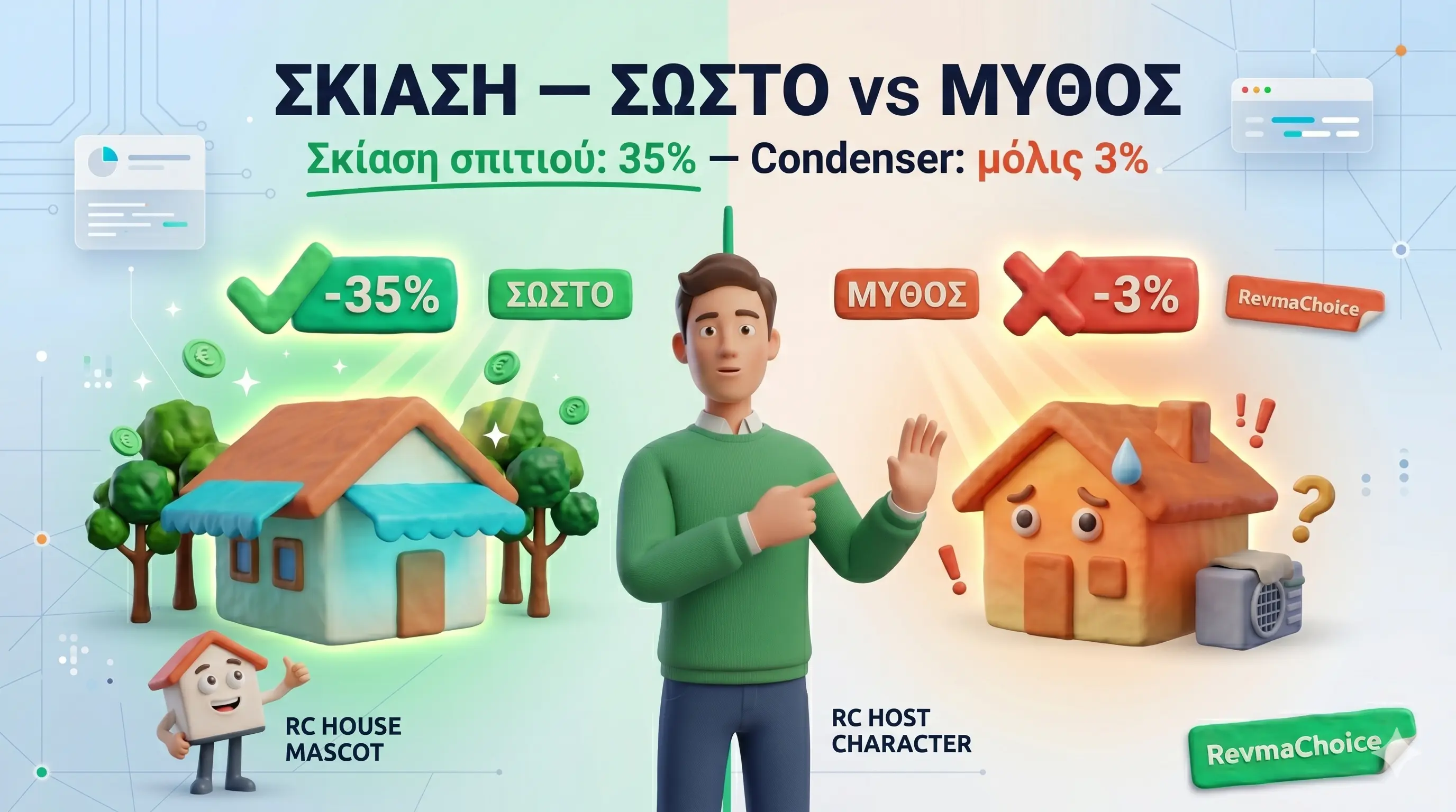 Σκίαση σπιτιού vs σκίαση εξωτερικής μονάδας κλιματιστικού — ποιο εξοικονομεί πραγματικά ρεύμα