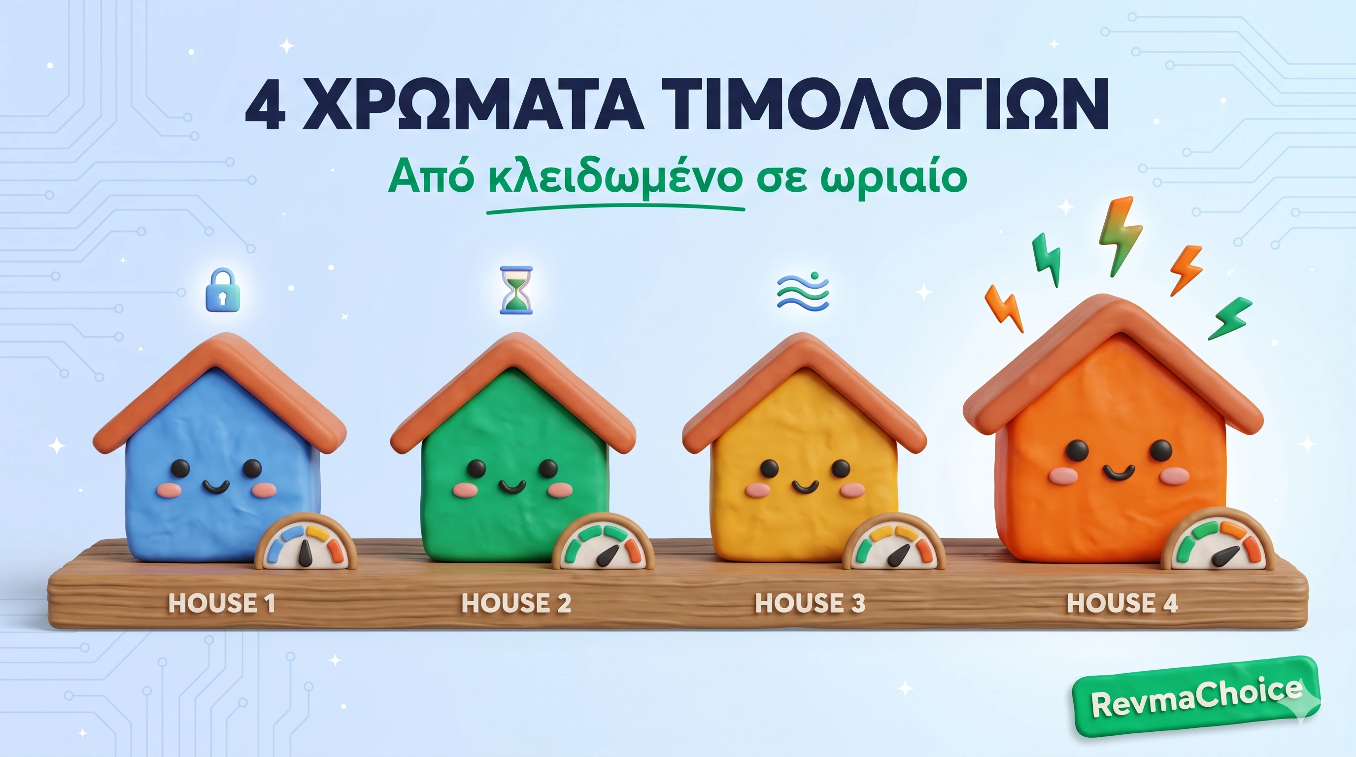 Πορτοκαλί τιμολόγιο ρεύματος vs άλλα 3 χρώματα τιμολογίων ΡΑΑΕΥ 2026 — μπλε σταθερό, πράσινο ειδικό, κίτρινο κυμαινόμενο, πορτοκαλί δυναμικό